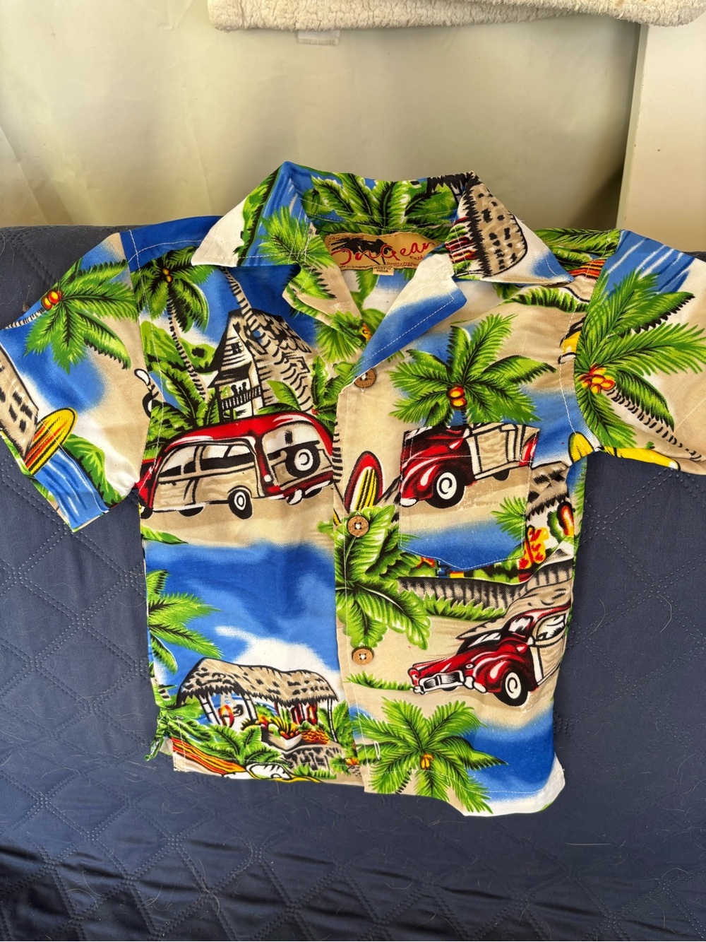Kids Vintage Surf Print Button-Up Shirt - Blue & Green